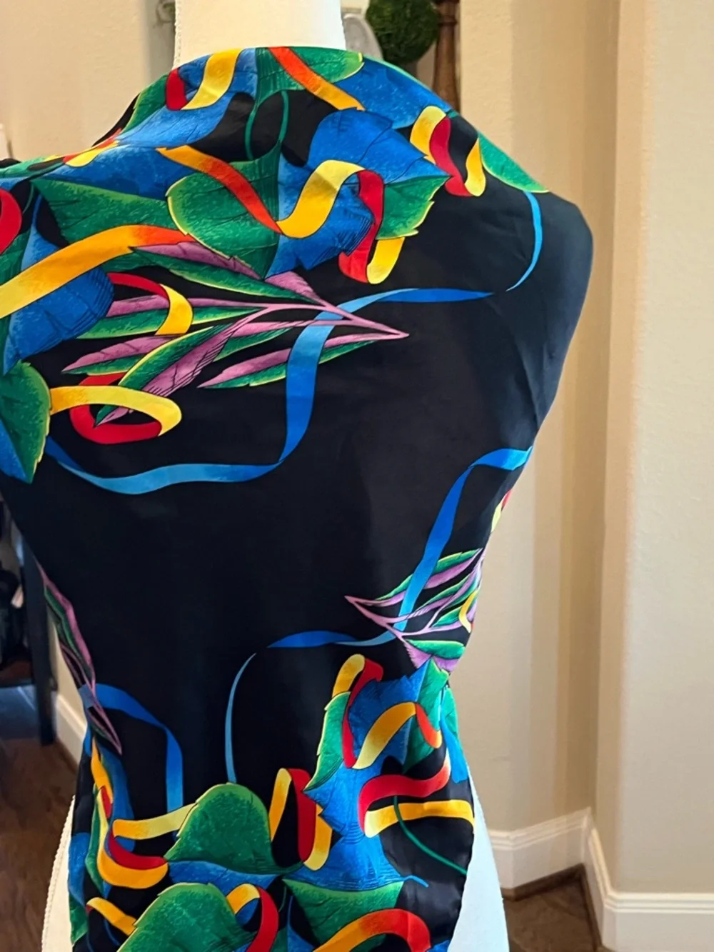Silk Scarf Multicolor Black with Bright Ribbon and Leaves Print Vintage Bright